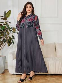 Lacomfia Elegant Vintage Patchwork Pleated Plus Size Dress Fall Cloth For Women - Grey - View 6