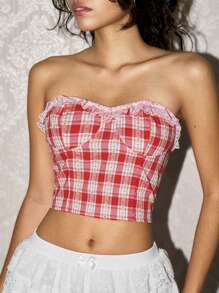 Easelle 女士蕾丝拼布抹胸，简约修身休闲度假上衣 - 粉色 - 查看 6