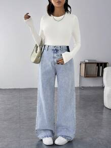 SHEIN Maternity Casual Loose Straight Leg Blue Jeans Women Baggy Jeans Casual Loose Blue Women's Jeans Thanksgiving Women Wide Waist Mom Jeans