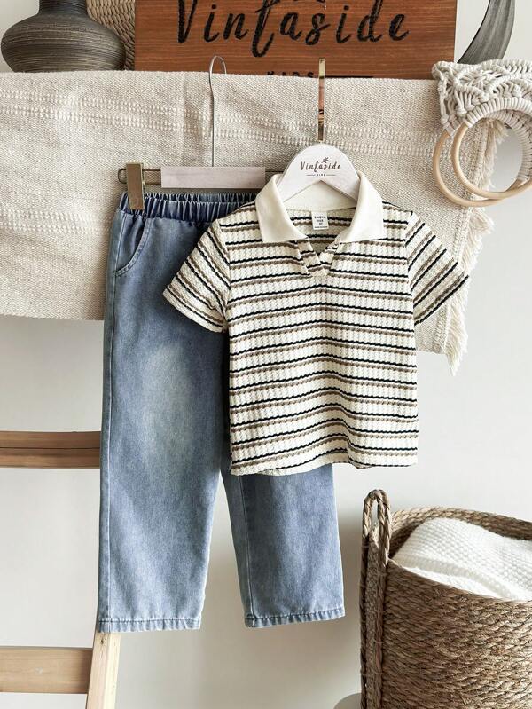 Vintaside Kids 2buc/Set Tânăr Băiat Casual Dungă Rever Top Maneca Scurta Si Tinuta Pantaloni Lungi Denim