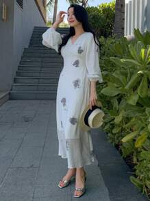 DAZY Women's Colorblock Print Long Casual Vacation Dress,Fall Dress Long Sleeve Dress Maxi Dress - White - View 2