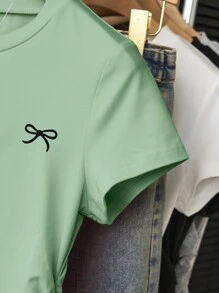 Teen Girls' Bow Print Ruched Short Sleeve Casual T-Shirt - Green - View 5