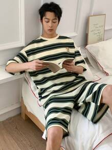 DAZY Conjunto de Roupas Domésticas Masculinas com Camiseta Listrada de Verão e Estampa de Filhote de Cachorro, Pijama Multicolorido