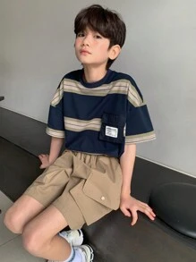 Dazy Kids Setelan 2pcs Kaos Lengan Pendek Minimalis Kasual untuk Anak Laki-laki Remaja, Pakaian Sehari-hari - Coklat - View 4