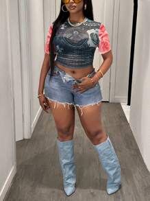 Slaydiva Plus Size Women's Money Print Sheer Mesh Short Sleeve Crop Top - Multicolor - View 5