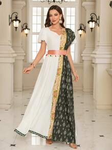 SHEIN Đầm tay ngắn họa tiết hoa hình khối màu trắng cho nữ - trắng - Xem 4