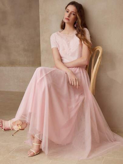 MOTF APPLIQUES CONTRAST MESH SHORT SLEEVE T-SHIRT