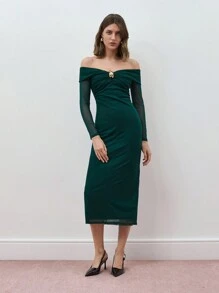 Maija 女士露肩长袖合身优雅连衣裙节日 - 墨綠色 - 查看 3