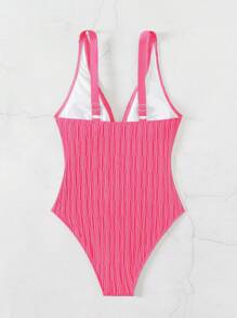 SHEIN Swim 1pc Plain Textured One-Piece Swimsuit For Beach & Summer Vacation - Hot Pink - View 3