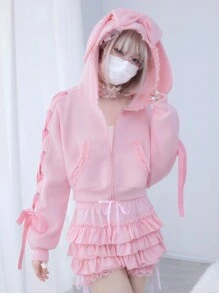 ROMWE Kawaii 女士蕾丝边兔耳和蝴蝶结装饰抽绳连帽衫