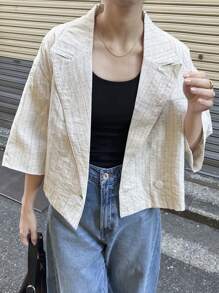 FRIFUL Women's Striped Loose Super Short Suit Jacket Women Blazers Business Attire - Apricot - View 1