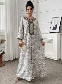 Yasmyna Embroidered Mini Ditsy Floral Ladies Dress, Turkish And Arabic Traditional Long Robe, Modest Kaftan - Multicolor - View 4