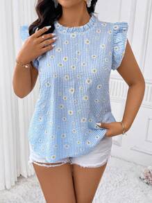 Calvaya Plus Size Women's Summer Striped Daisy Print Casual Vacation Cap Sleeve Blouse