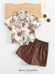 Cozy Pixies 2pcs/Set Baby Boy Plant Pattern Lapel Short Sleeve Cardigan With Elastic Waist Shorts - Brown - View 3