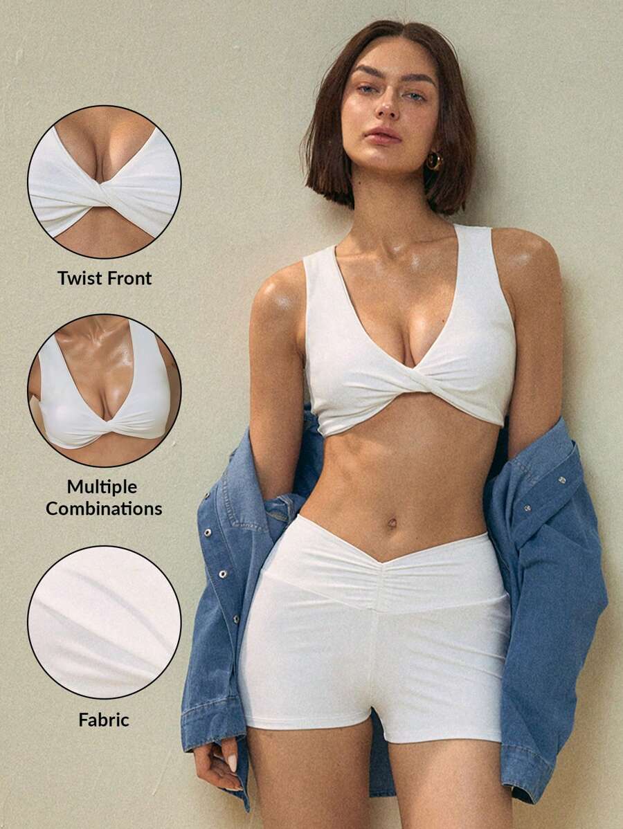 SHEIN Swim Summer Women's Twist Knot Crossed White Bikini Top, Basic, Suitable For Beach, Vacation, Can Be Worn As Outerwear - White - View 1