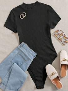 SHEIN EZwear Body casual de mujer de unicolor, cuello redondo, manga corta y acanalado - Negro - Ver 6