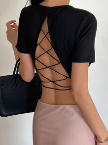 DAZY Solid Color Fitted Cropped Tie-Up Backless Women T-Shirt, Summer,Halter Top