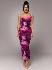 Silquee 性感粉色渐变大花卉印花蕾丝修身长裙，浪漫花卉印花，适合情人节、约会、派对、婚礼、正式场合、日常穿着 - 彩色 - 查看 6