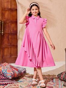 青少年女孩粉色衬衫领不对称荷叶边宽 A 字盖袖休闲宽松连衣裙