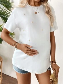 SHEIN Pregnant Women Heart Embroidery Short Sleeve Casual T-Shirt, Vacation