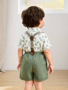 Cozy Pixies 2pcs Baby Boy Plants Print Collar Short Sleeve Shirt And Bib Shorts Suit Set