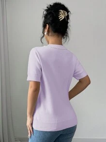 Elenzga Women Faux Pearl Decor Bow Knit Top, Round Neck Short Sleeve Casual For New Year Clothes - Dusty Purple - View 2
