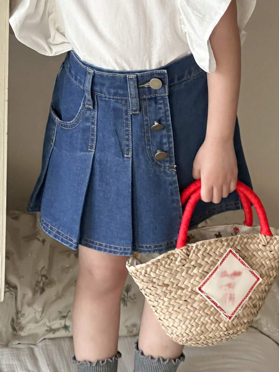 Dazy Kids 年轻女孩休闲简约褶皱牛仔裙短裤，女孩夏季服装 - 藍色 - 查看 1