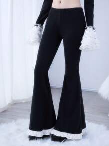 ROMWE Kawaii Women's Lace Patchwork Simple Flared Trousers, Casual Daily Wear - Black - View 4