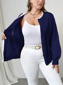 Celure Plus Size Women Solid Color Lace Loose Cardigan, Casual Autumn & Winter