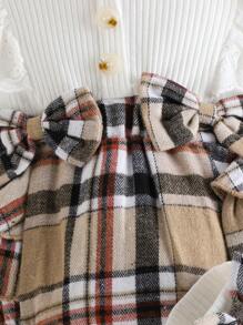 Baby Mädchen Sommer Lässig Süß einfarbig weiß Kurzarm Streifen Patchwork Khaki Karomuster Romper mit Rüschen am Ausschnitt, kombiniert mit Socken und Stirnband