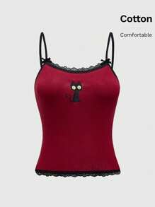 ROMWE Hippie Magic  Black Cat Embroidered Striped Tank Top