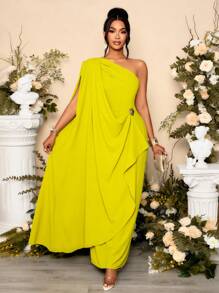 SOLERSUN 女士时尚优雅垂坠单肩长裙，配金色饰边细节 - 綠色 - 查看 8