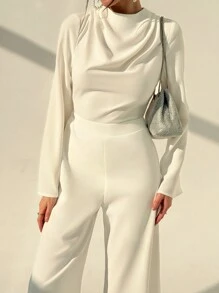 Aloruh 简约办公室通勤装女式宽领长袖深 V 背长腿连体裤 - 白色 - 查看 2
