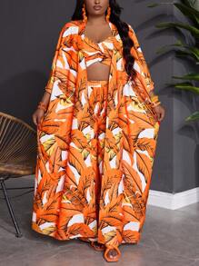 SHEIN CURVE+ Plus Size 3 Pieces Set Women's Loose Tropical Plant Pattern Beach Vacation Outfit - Orange - View 5