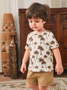 Cozy Pixies Set de 2 piezas de Top de manga corta de cuello redondo suave y pantalones cortos de cintura elástica con estampado de palmeras para bebé niño