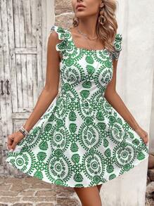 Breezaya Vestito da donna con spalline arricchite, stampa completa, fiocco sul retro, abito da spiaggia da vacanza