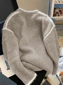 Franclia Retro Gray Knitted Sweater For Women, Soft Slouchy Oversized Pullover, Autumn/Winter 2024 New Arrival Fall