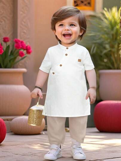 SHEIN 2pcs/Set Babyboy Summer Cute White Short Sleeve Long Robe Collar Shirt And Beige Casual Long Pants Suit, Suitable For Birthday Party, Evening Party, Performance, Wedding, Month Celebration, Baptism And First Birthday