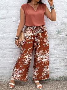 SHEIN VCAY Plus Size Boho Holiday Jednolity Kolor Wycięty Dekolt w Serek Bluzka i Spodnie Szerokie Nogawki Z Nadrukiem Kwiatowym 2 Części Zestaw, Na Lato