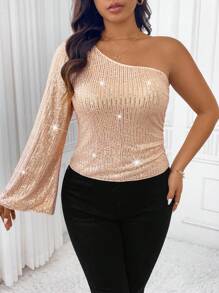 SHEIN Clasi Blusa casual con lentejuelas brillantes para mujer de talla grande, de uso diario sencillo y de moda