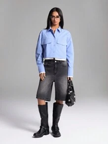 LYSMO Damen Langarm Einzelknopf Lässiges Blaues Hemd