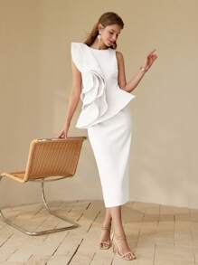 MOTF PREMIUM EXAGGERATE RUFFLE TRIM DRESS WOMEN MIDI DRESSES ELEGANT ELEGANT - White - View 1