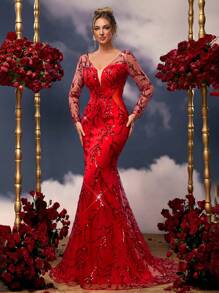 Glamrae Rochie elegantă, de lux, cu paiete, cu mâneci lungi, în față, adânc, decolteu în V, talie, ca plasă, tiv gol, sexy, cu fantă înaltă, sexy, asimetrică, transparentă, rochie mare, fără spate, în coadă de pește, potrivită pentru întâlniri, vacanțe, Ziua Îndrăgostiților, evenimente de nuntă și alte rochii de cină, rochie de petrecere, rochie de invitat de nuntă, rochie formală,