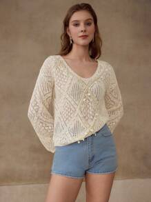 MOTF PREMIUM OPEN KNIT FLARE SLEEVE TOP - Apricot - View 11