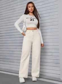 SHEIN EZwear Quần Jeans Denim Ống Thẳng Rộng Thoải Mái Quần Jeans Denim Dày - Màu be - Xem 4