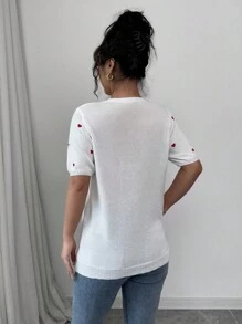 SHEIN Unity 女士常规圆领心形刺绣短袖针织上衣，百搭轻便，适合春夏季 - 彩色 - 查看 2