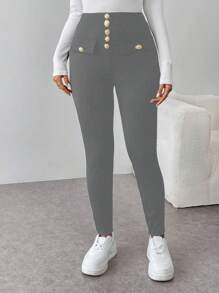 Chiquease Pantalones casuales sencillos y ajustados de unicolor con bolsillo y botones frontales para mujer