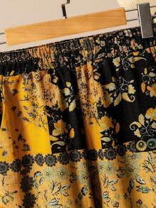 Lacomfia 2pcs/Set Women Linen Blended Print Patchwork Short Sleeve Top - Multicolor - View 3