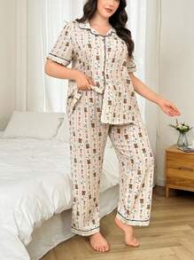 浪漫可爱小熊与花卉印花荷叶边领开襟加大码睡衣套装