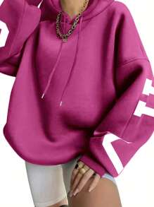 SHEIN EZwear 女士休闲连帽运动衫，简约时尚日常穿着，毕业典礼，教师，返校套头衫秋季 - 玫紅色 - 查看 3